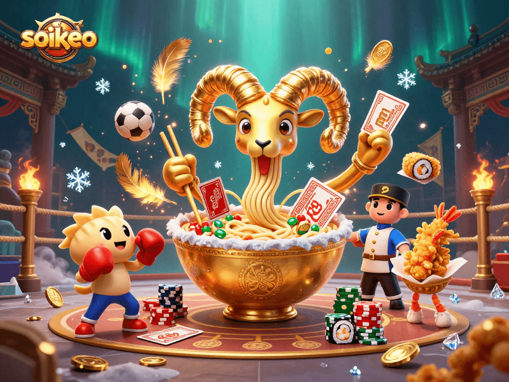 Bet on soikeo with vibrant characters like a golden ramen bowl, gyoza, and sushi roll under dramatic sports betting elements.