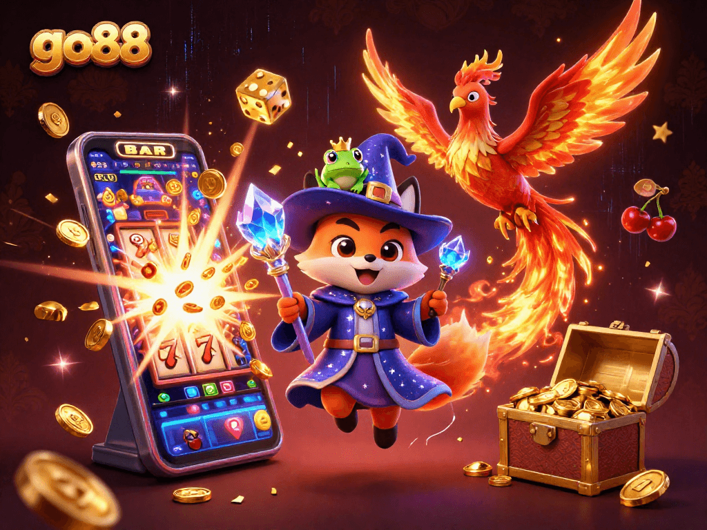 Engage with go88's thrilling jackpot experiences as a mystical wizard fox and phoenix ignite the casino adventure!