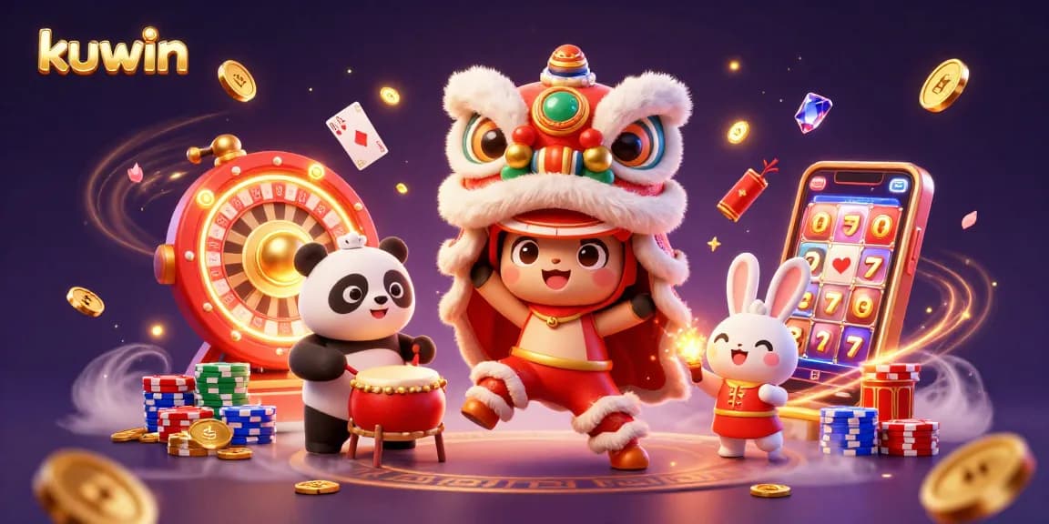 Kuwin casino scene featuring a lion dance, drumming panda, and stunning game elements.