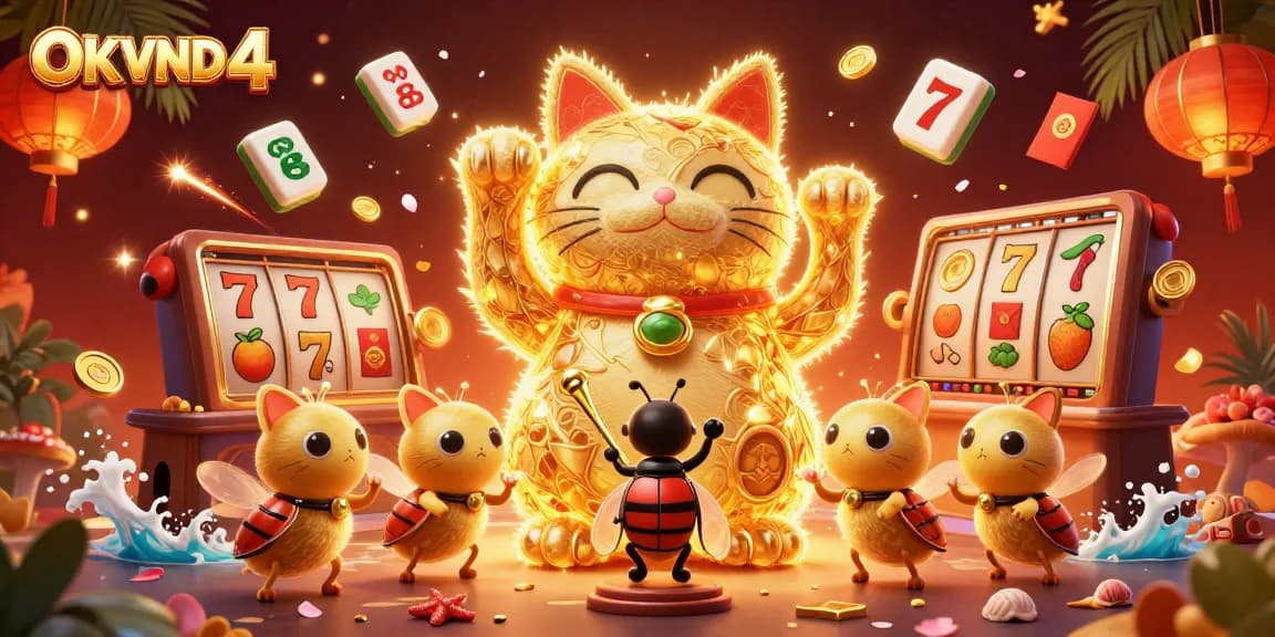 Engage with OKVND 4's thrilling slot experience featuring golden fireflies and lucky cat!