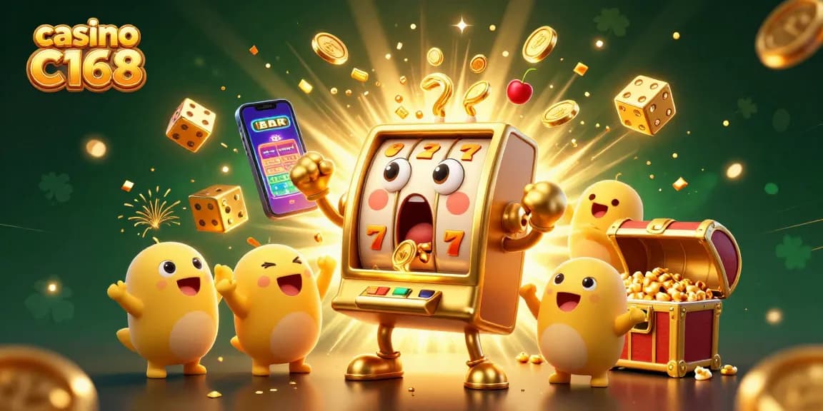 Witness the vibrant casino C168 experience with animated slot machines celebrating big wins amidst a cascade of coins.