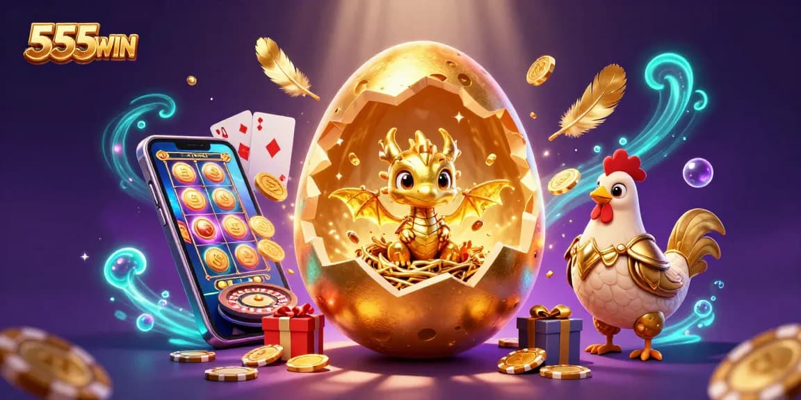 Experience thrilling wins at 555WIN, with a mesmerizing scene of a golden dragon and lavish casino elements.