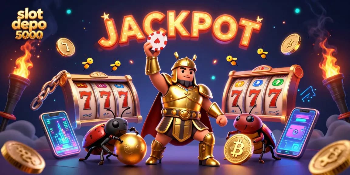 Experience the thrill of slot depo 5000 with winning jackpots, as illustrated by the triumphant beetle in gladiator armor.