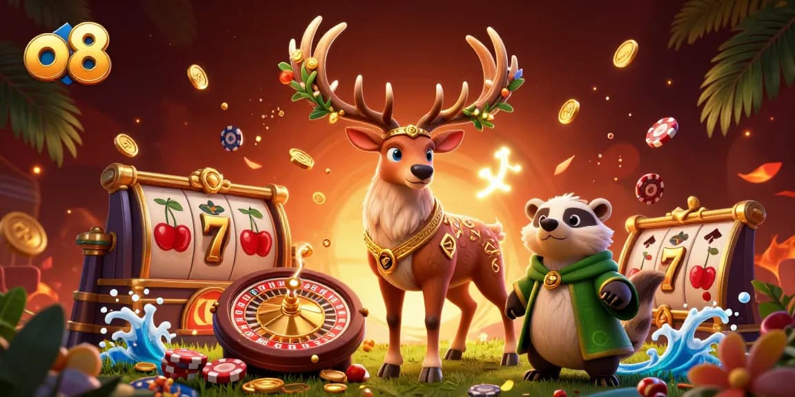 Play and win at o8 Casino with vibrant 3D slot reels and joyful gambling icons floating around.