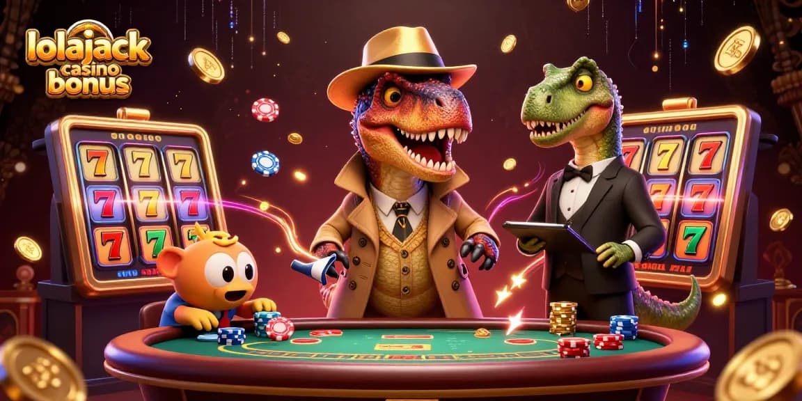 Lolajack casino bonus showcased in a thrilling casino scene featuring a velociraptor, stegosaurus, and compy
