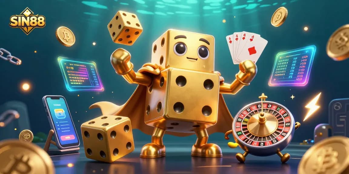 Spin to win with SIN88, showcasing a vibrant 3D casino scene illuminated with crypto elements.