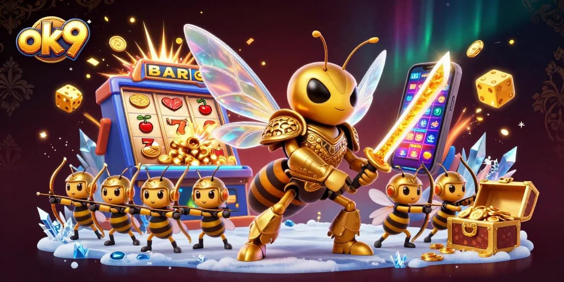 Spin the reels with ok 9 at the dynamic casino, eye-catching 3D golden hornet illustration