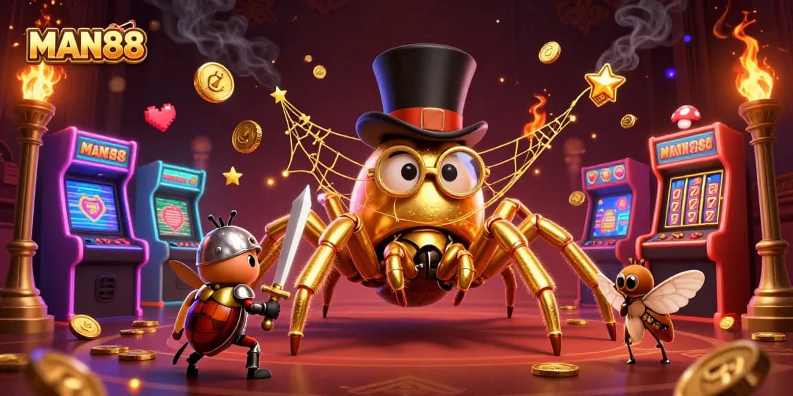 Experience thrilling wins at MAN88 with a vibrant casino scene featuring slots and lucky elements.