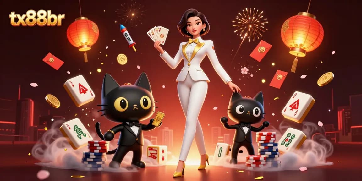 Feel the excitement at tx88br as a glamorous dealer shuffles cards with a playful cat in a casino setting.