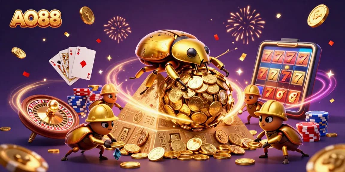 Engage with AO88's vibrant casino scene featuring golden beetles and sparkling elements.