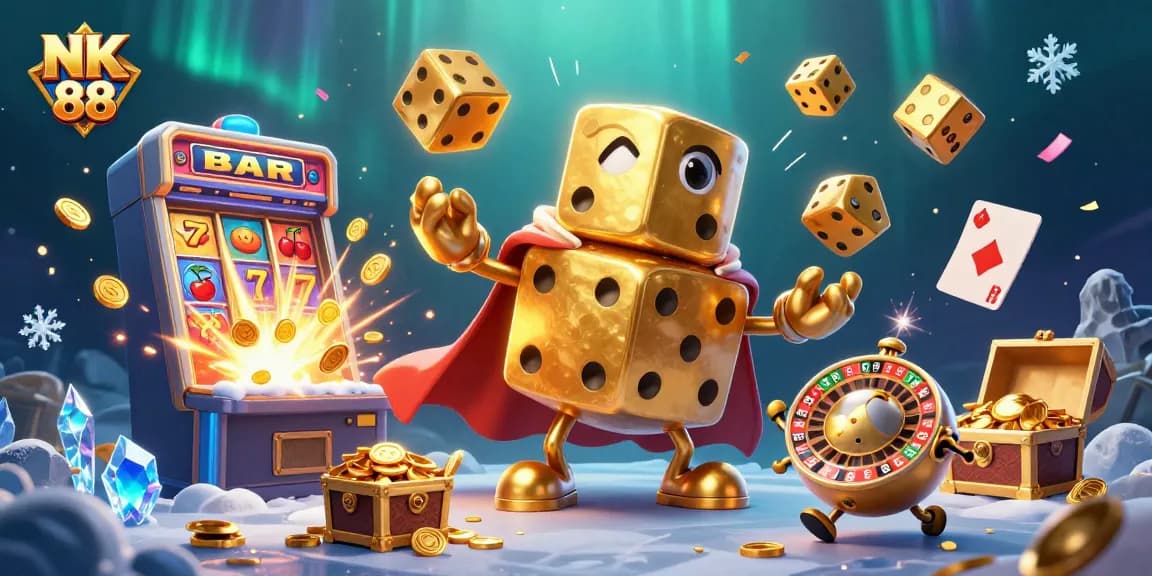 Experience NK 88 with a vibrant casino showdown featuring golden dice, slots, and jackpot explosions.