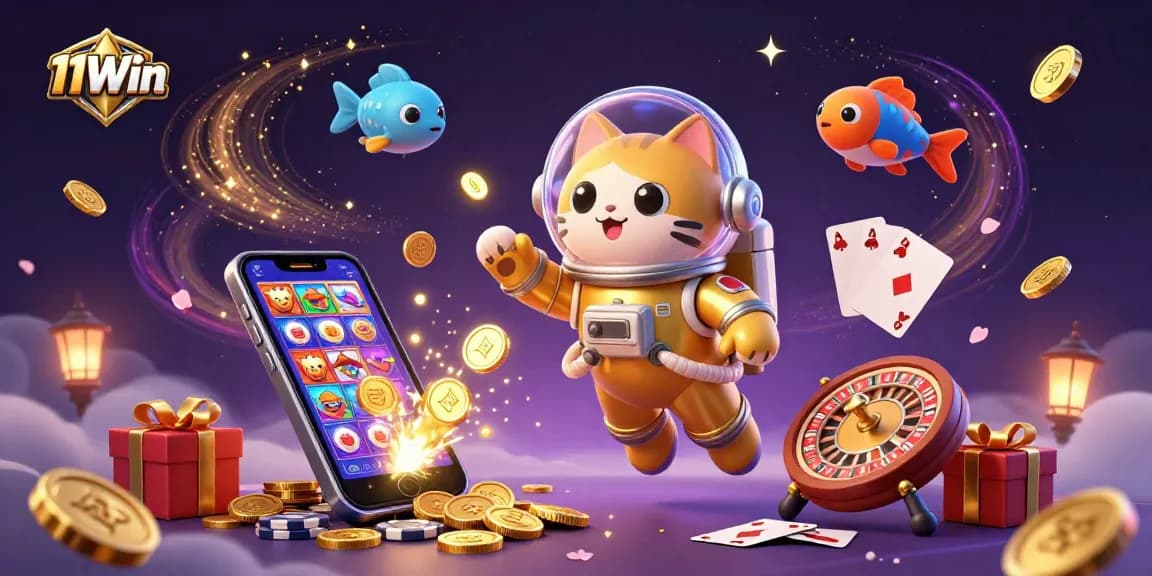 Play thrilling casino games with 11Win featuring a playful astronaut cat in a vibrant cosmic setting.