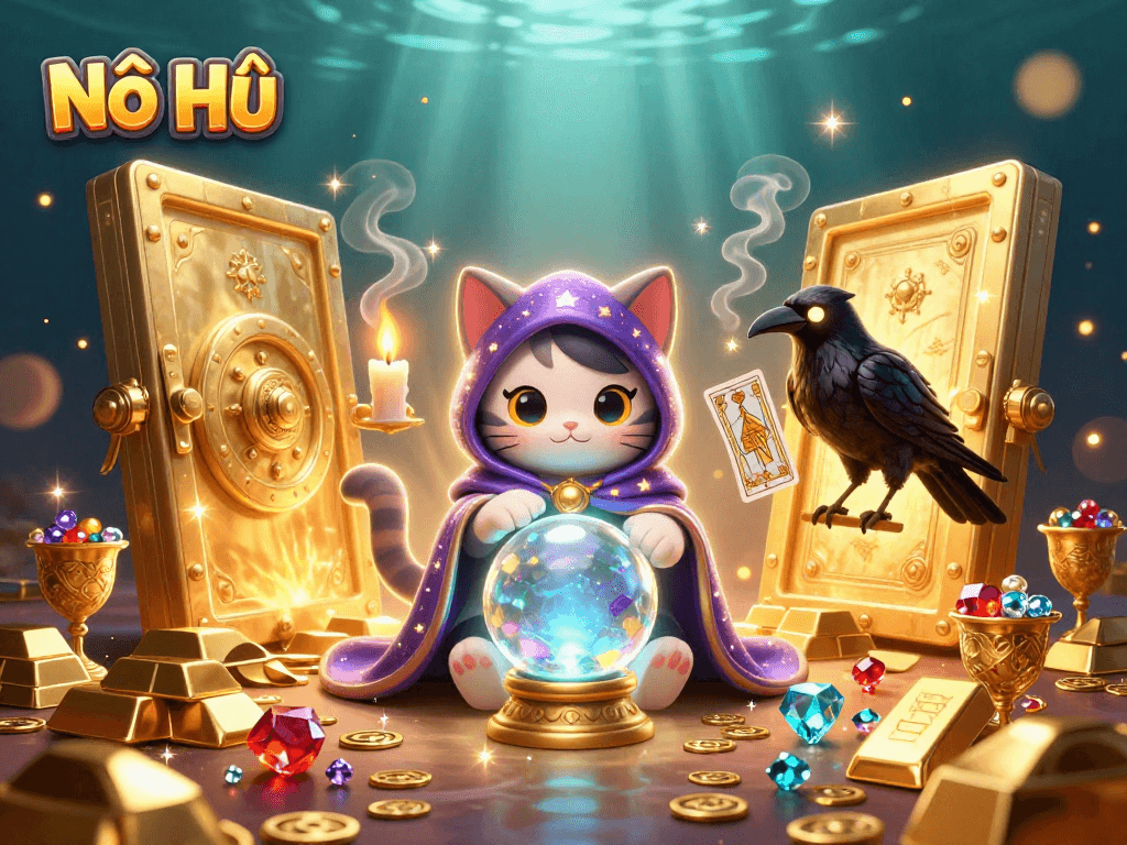 Nổ Hũ interactive scene with fortune teller cat and mystical elements showcasing jackpot excitement.