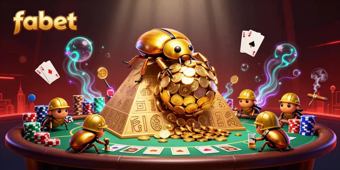 Engage in exciting gambling with fabet as a golden beetle rolls coins, showcasing poker elements.