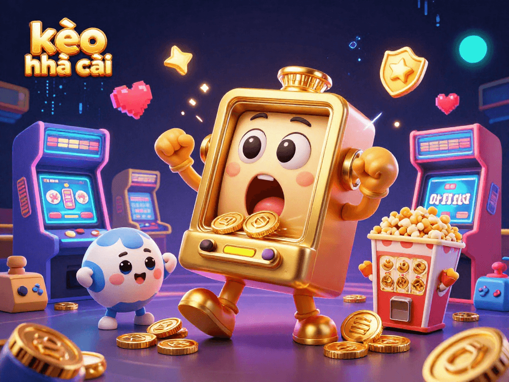 Engaging kèo nhà cái scene showcasing a golden slot machine overflowing with coins amidst vibrant gambling elements.