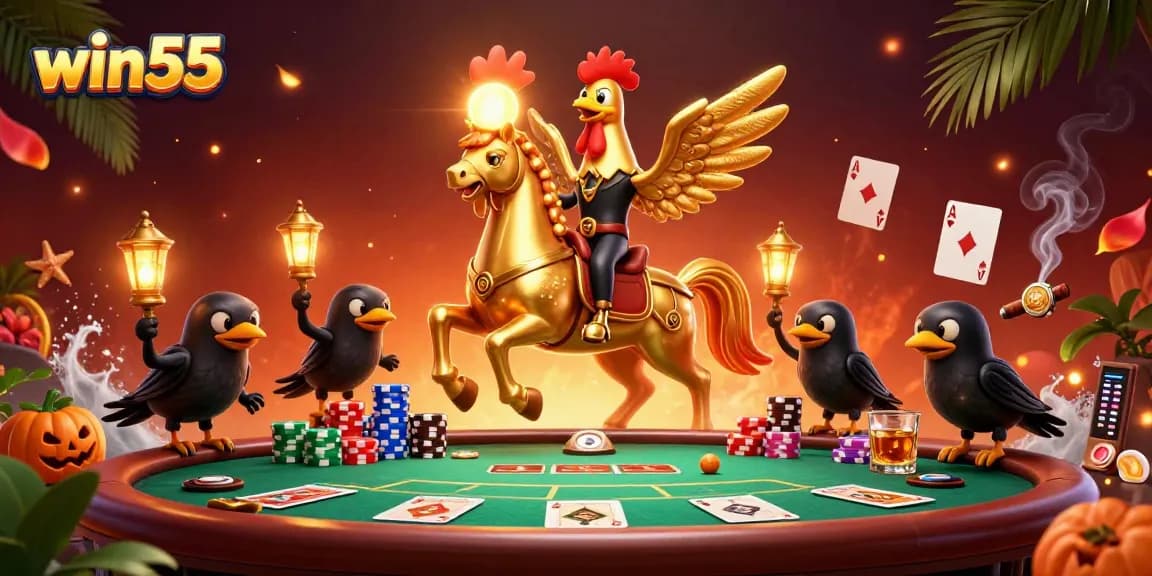 Experience the thrill of win55 at a vibrant casino with golden rooster characters and games galore.