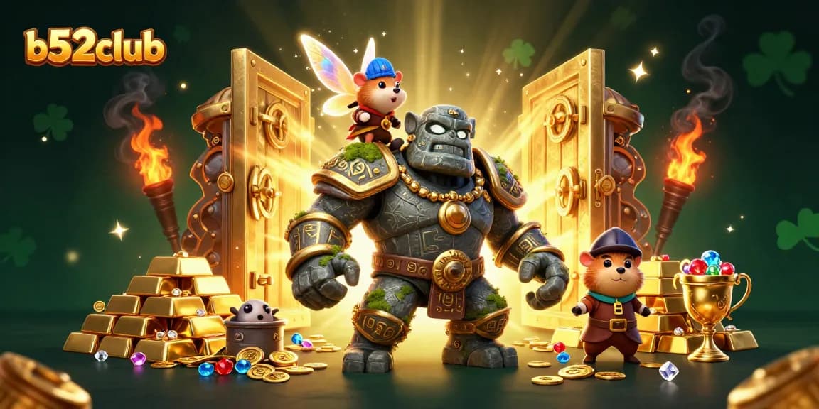 Join the exciting adventure at b52club as magical characters discover treasures in a vibrant casino scene.