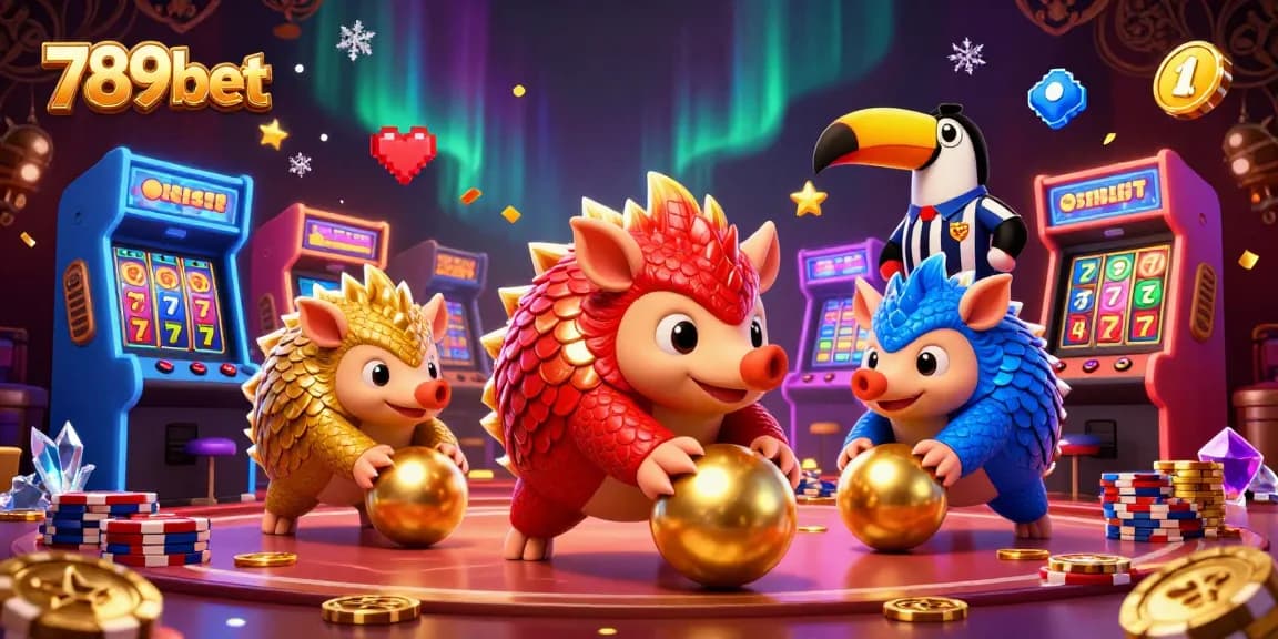 Engage with thrilling slots action at 789bet as rival pangolins play among colorful casino elements.