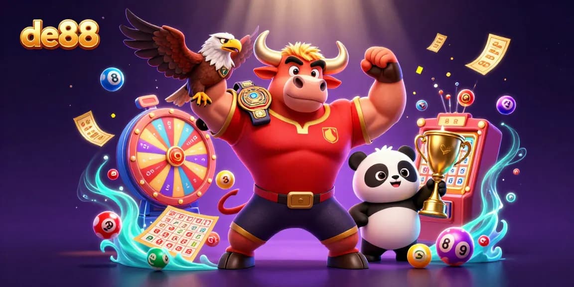 De88 brings excitement with a 3D bull, eagle, and panda in a lively casino atmosphere.