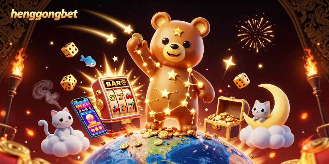 Play exciting games at hengongbet, featuring a casino environment with vibrant characters, slot machines, and win opportunities.
