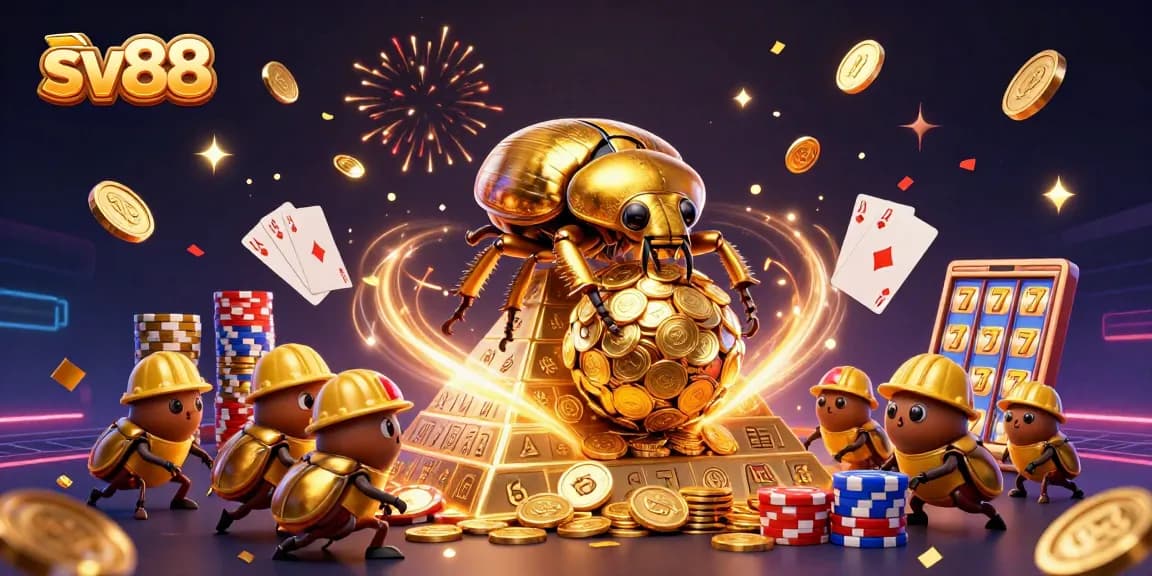 Spin and win at sv88 with vibrant casino elements and a golden dung beetle scene.
