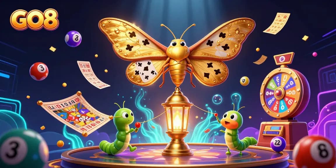 Engage with the GO8 online casino realm featuring vibrant lottery elements and captivating moth illustrations.