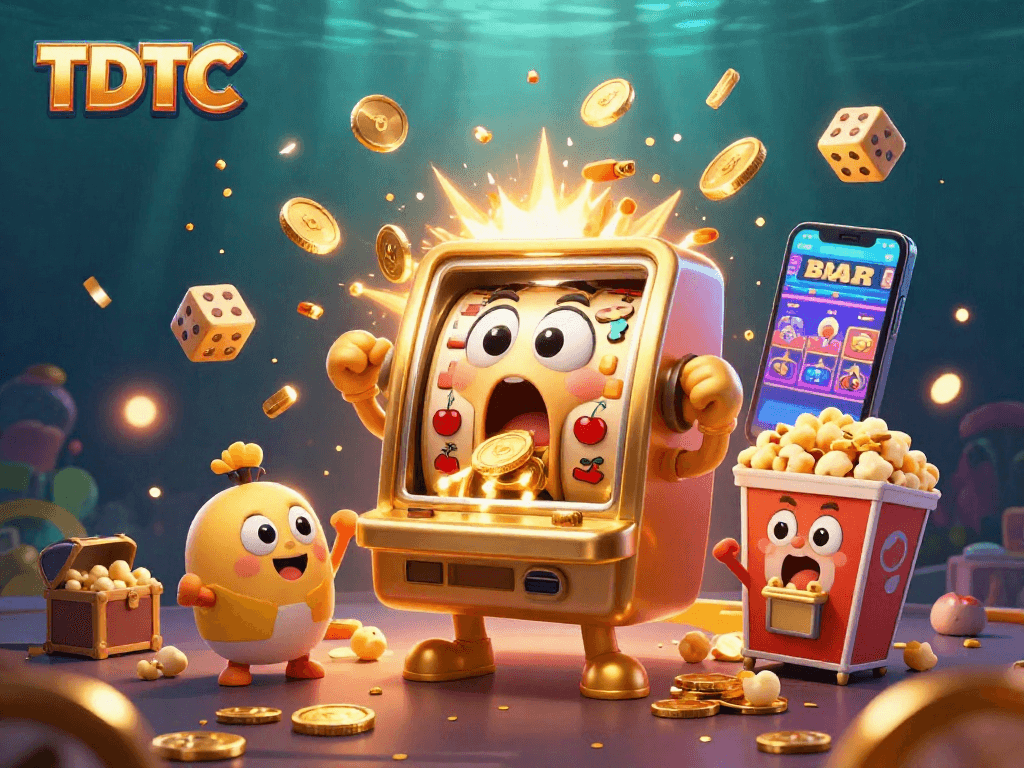 TDTC slot machine celebrates a jackpot amidst coins and colorful symbols, captivating casino scene.