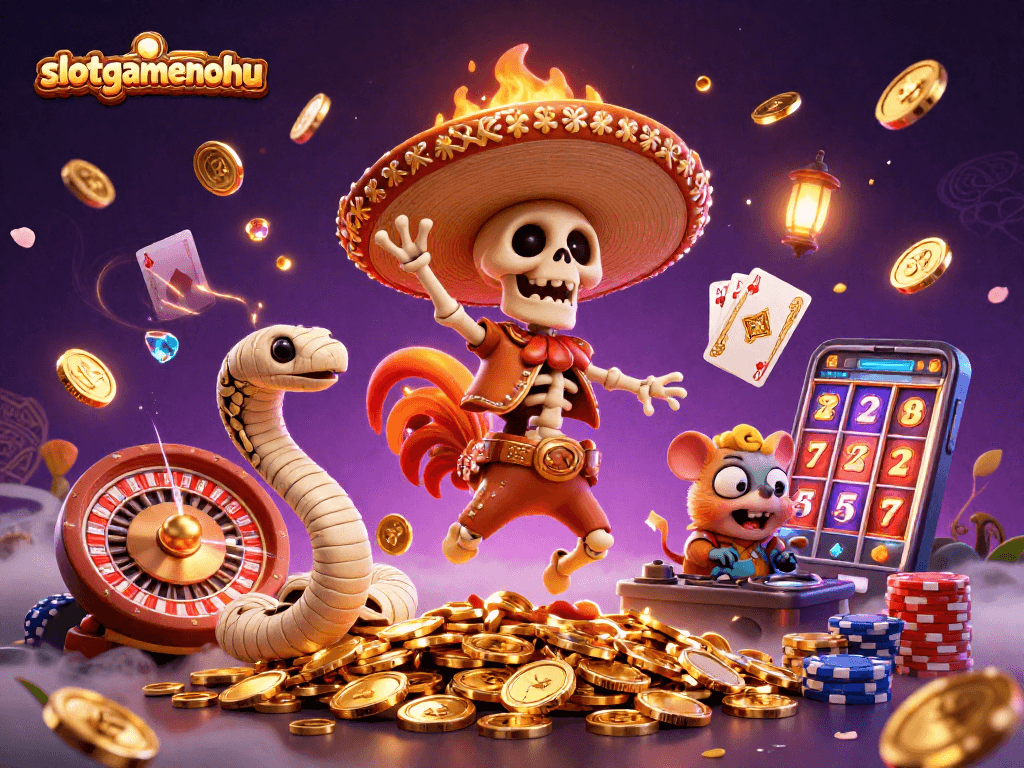 Experience vibrant gaming action with slotgamenohu's dazzling casino scene filled with golden coins and characters.