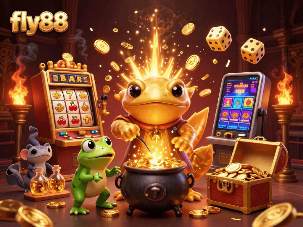 Experience thrilling excitement with fly88, featuring golden salamander alchemist and jackpot explosions in a vibrant casino scene.