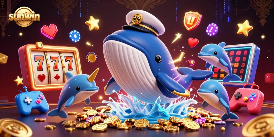 Experience sunwin's vibrant casino atmosphere with playful dolphins and a breaching whale amidst colorful slot reels.