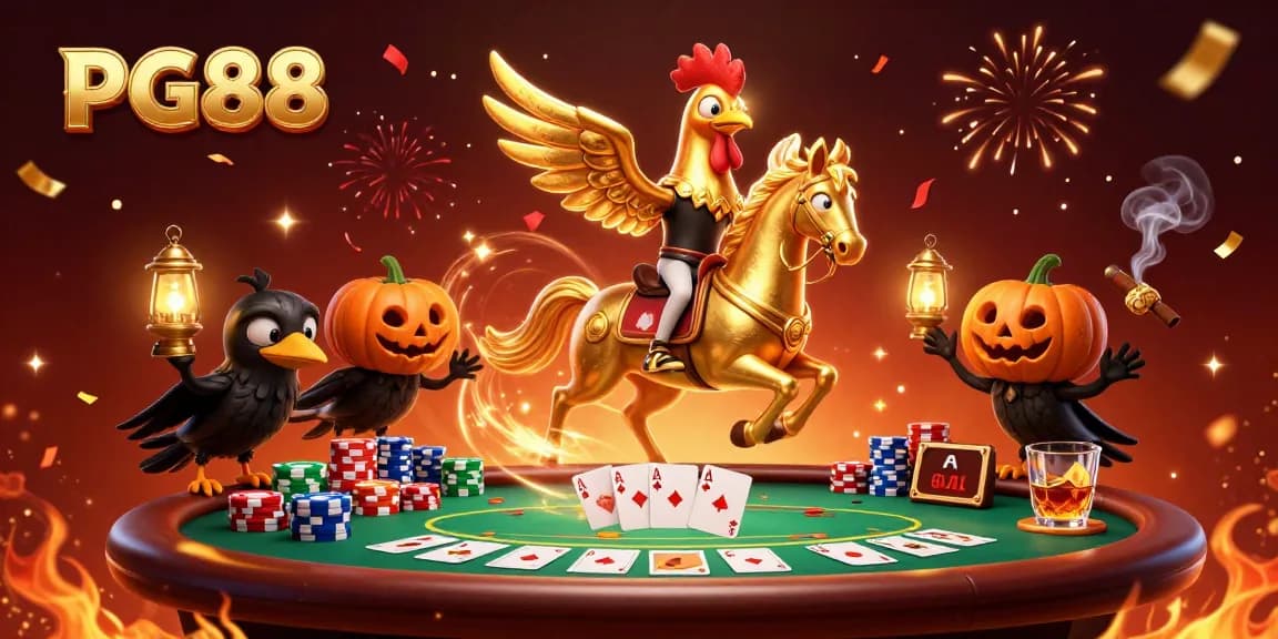Engage with PG88 in a vibrant casino scene featuring a golden rooster and magical characters.