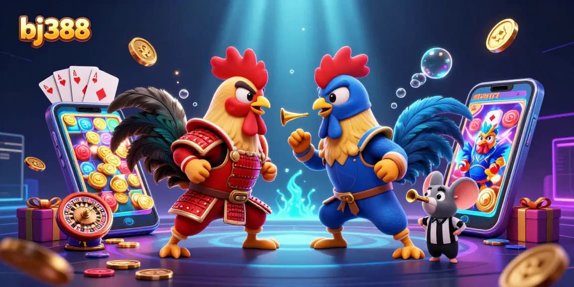 BJ388 engaging in an exciting cockfighting showdown, showcasing vibrant casino elements, for thrilling gameplay.