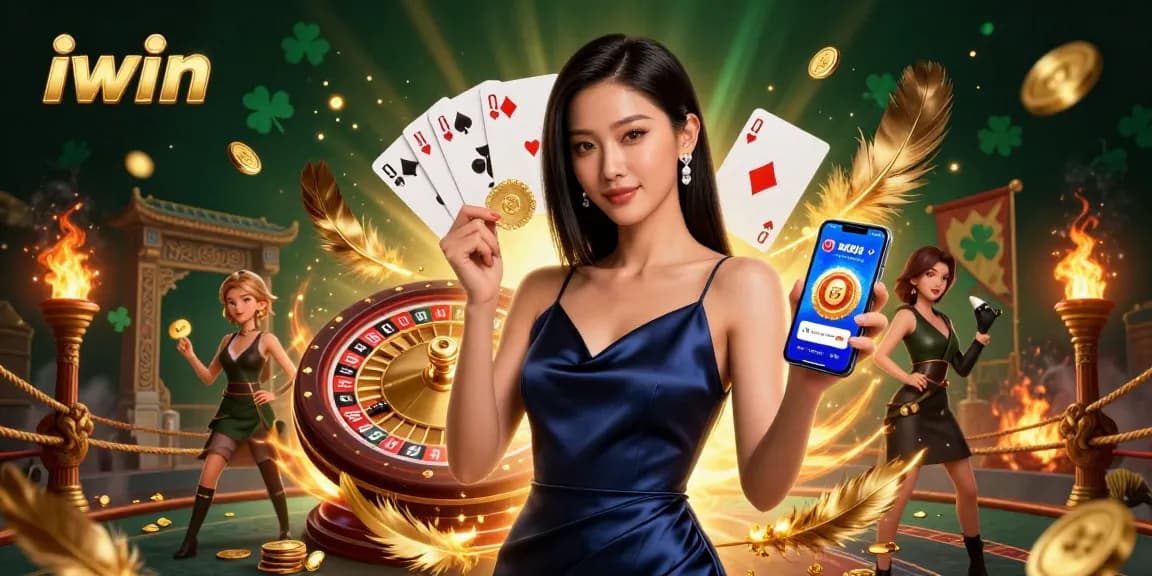 Engage with iwin's dynamic casino experience featuring a confident Asian woman showcasing the casino app.