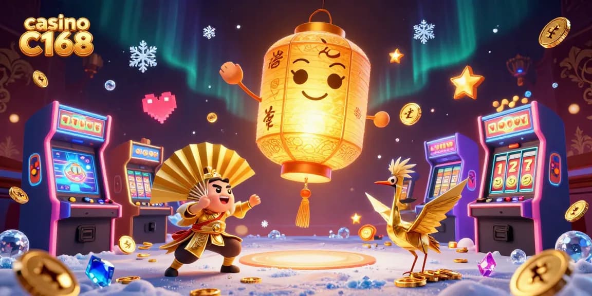 Experience the thrill of casino C168 with this vibrant 3D illustration of games and characters.