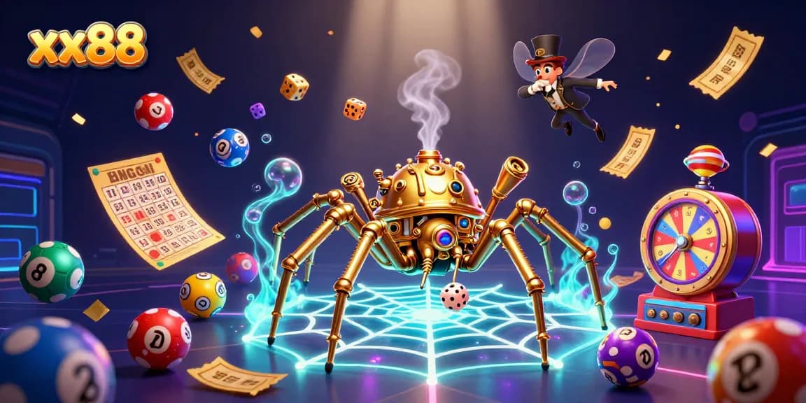 Engage with dynamic gaming action at xx88, featuring a steampunk spider and vibrant lottery elements.