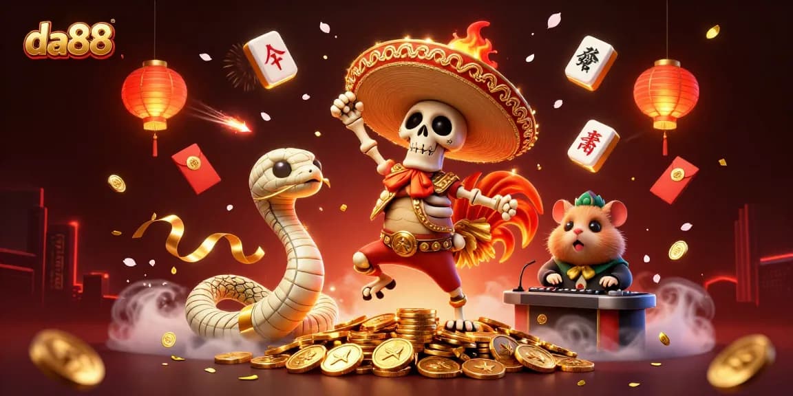 da88 casino scene featuring a lively rooster dancer, mummy snake, and DJ hamster amidst festive decorations