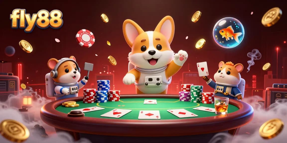 Experience fly88's vibrant casino adventure with a floating corgi, colorful poker chips, and exciting gameplay!