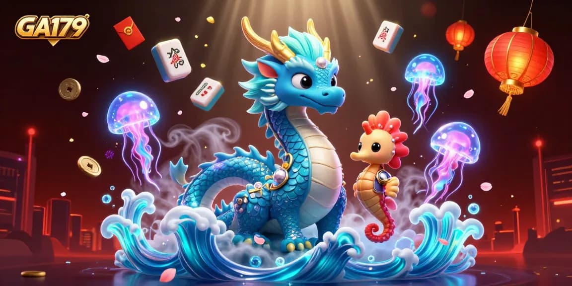 Engage in exciting GA179 gaming with a dragon, seahorse knight, and glowing jellyfish.