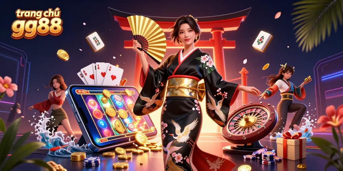 Enhance your gaming adventure at trang chủ gg88 with an elegant Asian woman surrounded by dynamic casino elements.