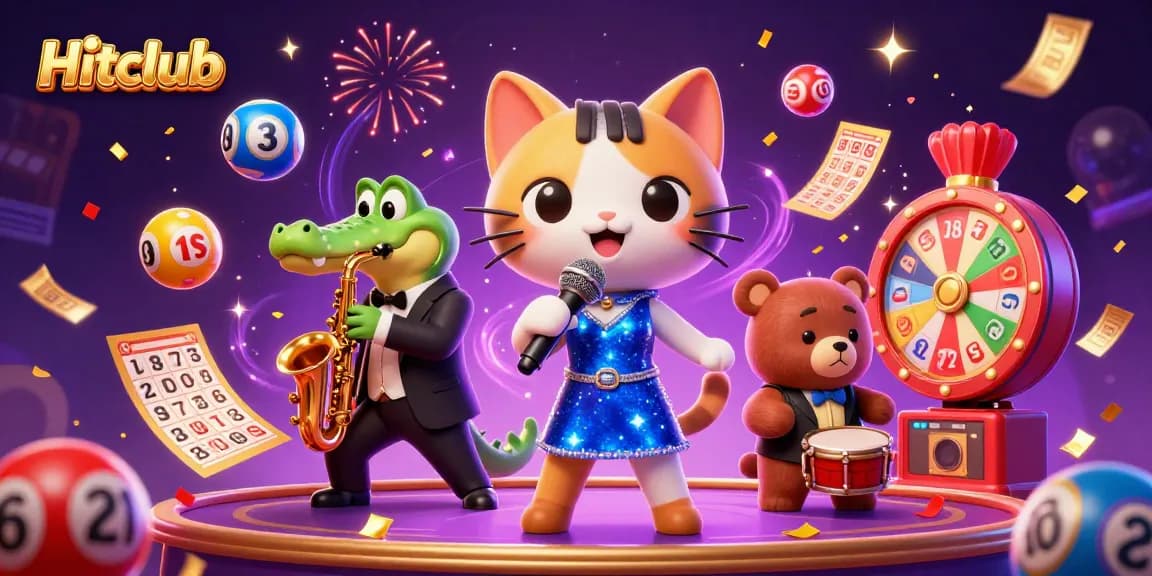 Hitclub's exciting scene features a singing cat and entertaining characters amidst vibrant lottery elements.