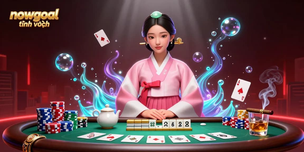 Engaging nowgoal tiếng việt scene showcasing poker elements with a serene Asian woman, rich gaming visuals.