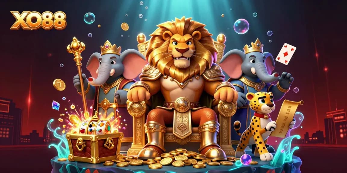 XO88 lion king and companions amid vibrant 3D casino scene with floating slot machine elements.