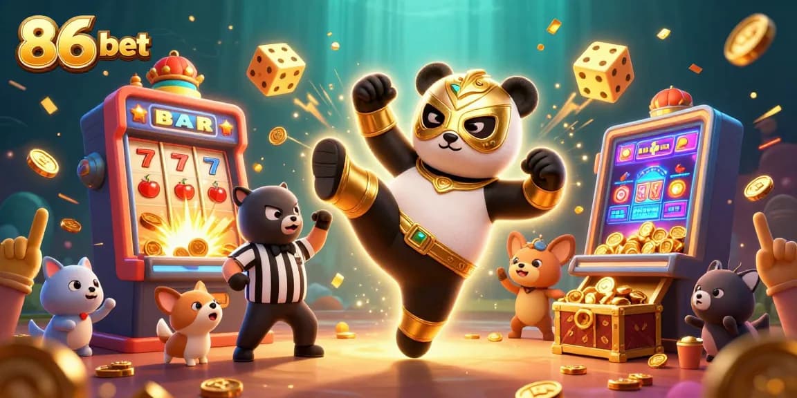 Experience 86 bet excitement with a vibrant 3D casino scene featuring animated characters and game elements.