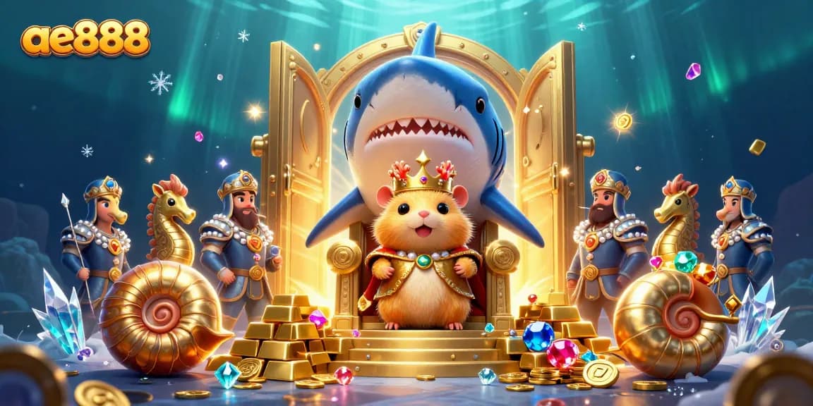 Join the adventure at ae888 with a vibrant underwater casino scene featuring a golden hamster king and treasure galore.