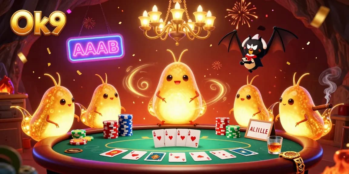 Engage in thrilling poker action at Ok9's lively cave casino with bioluminescent glowworms lighting the experience.