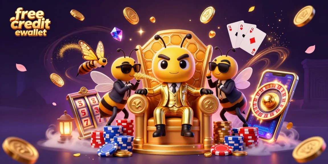 Spin and win with free credit ewallet at a vibrant casino featuring lucky symbols and colorful characters.