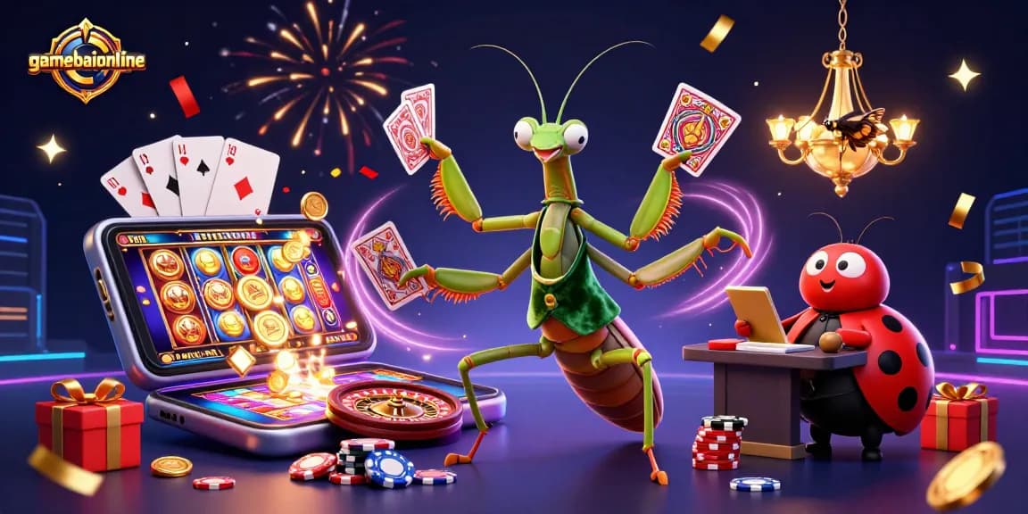 Experience dynamic gaming action with gamebaiionline's colorful casino illustration.