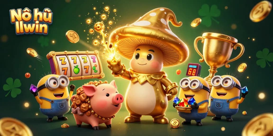 Nổ hũ llwin showcasing a magical 3D casino scene with a golden mushroom wizard and slot reels.