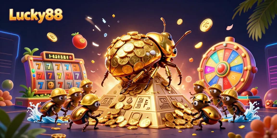 Experience winning moments with Lucky88 through a dynamic casino scene showcasing vivid slot symbols.