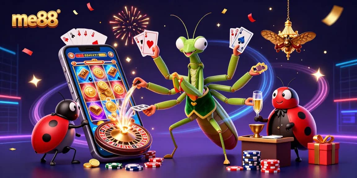 Experience thrilling gameplay with me88, featuring vibrant 3D casino characters amidst dynamic slot games and casino elements.